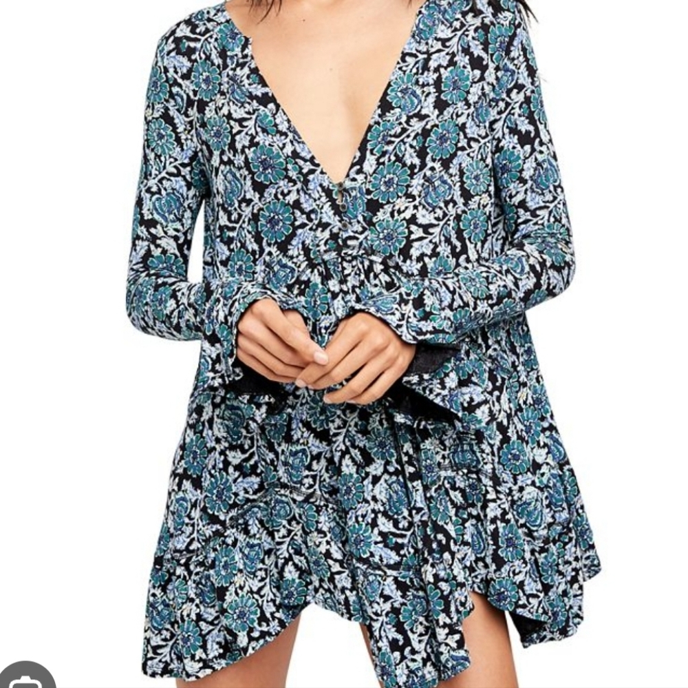 Free People Olivia Print Long Sleeve Ruffle Tunic